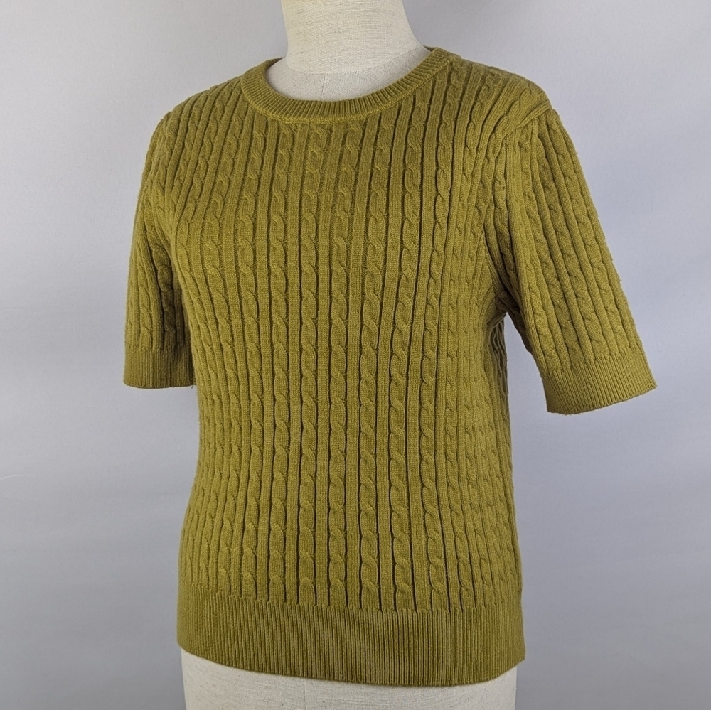 TRUTH By Republic Cable Knit Sweater Short Sleeves Crew Neck Pear Yellow L NWT - Picture 7 of 9